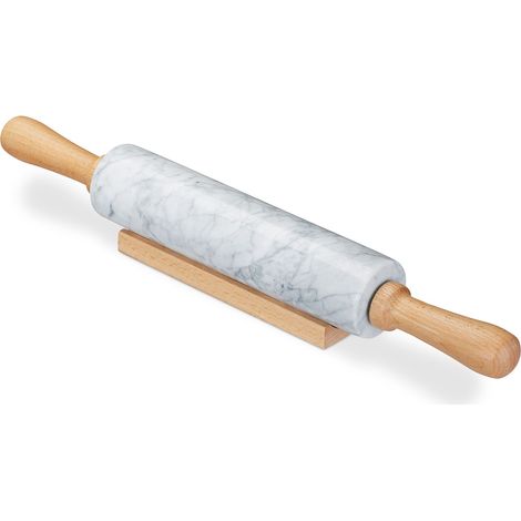 Relaxdays Marble Rolling Pin, Wooden Handles, Roller for Cooking and Baking, with Stand, Heavy, White