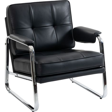 Black Faux Leather Lounge Chair with Armrests, Steel Legs