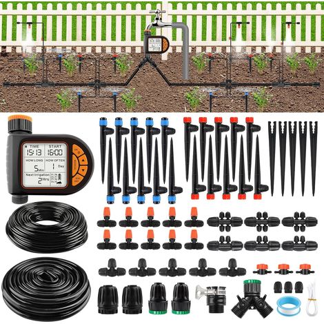 207 Pieds Kit d'Arrosage Goutte à Goutte Automatique avec Minuterie, 1/4" 1/2" Système d'Arrosage Jardin Réglable avec Tuyaux 4/7 mm 16 mm Système d'Arrosage Automatique Micro Goutte Serre (1/5)