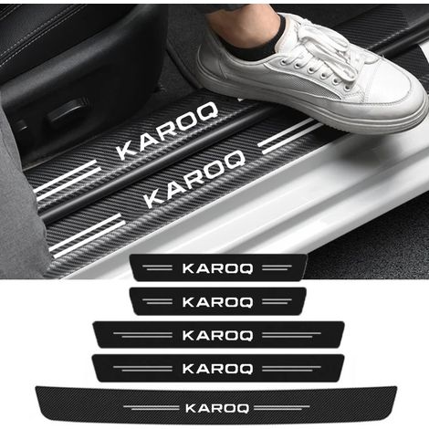 (5 pièces) Autocollants anti-rayures en fibre de carbone pour seuils de porte avant et arrière de voiture,avec logo Skoda KAROQ (1/3)