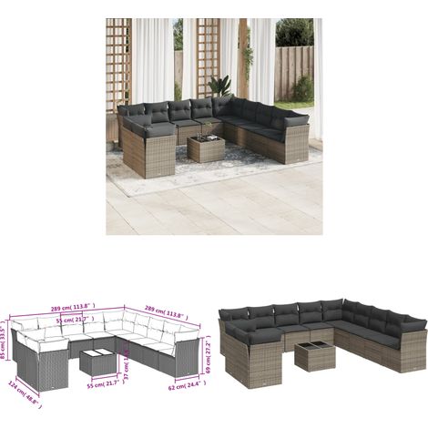 12-tlg. Garten-Sofagarnitur mit Kissen Grau Poly Rattan - Gartenmöbel Set - PE-Rattan Möbel - Outdoor Sofa - Esstisch - Lounge Set - Home & Living (1/3)