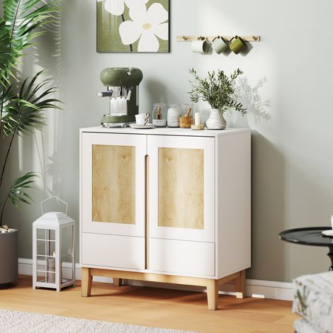 Buffet, meuble de rangement avec 2 portes, 2 tiroirs et étagère réglable, 80 x 40 x 86 cm, blanc et chêne