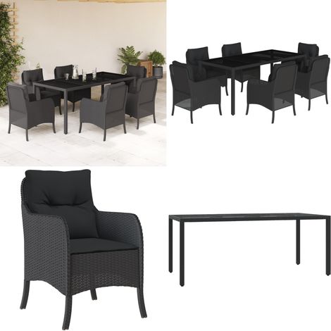 7-tlg. Garten-Essgruppe mit Kissen Schwarz Poly Rattan - Gartentisch - Esstisch - Gartenmöbel Set - Outdoor Möbel - Terrassenmöbel - Home & Living (1/5)