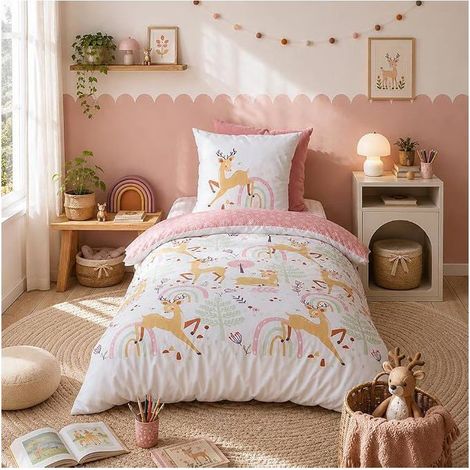 Parure de lit enfant - COTE DECO - 140x200 cm - Réversible - Motif biche - Microfibre douce