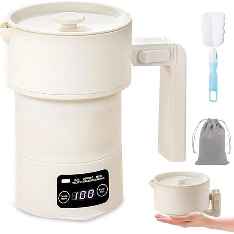 Bouilloire de voyage pliable, 600 ml, mini-bouilloire avec 9 réglages de température, en acier inoxydable et silicone, silencieuse et sûre pour les voyages. (1/5)