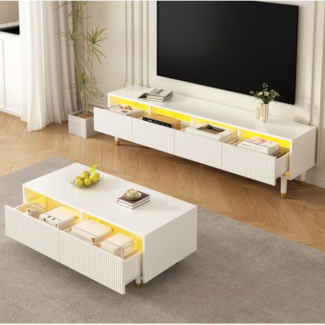 Mueble para TV con mesa de centro de MDF blanco, 178x35x45 cm y 110x50x40 cm, LED 7 colores y almacenaje (1/5)