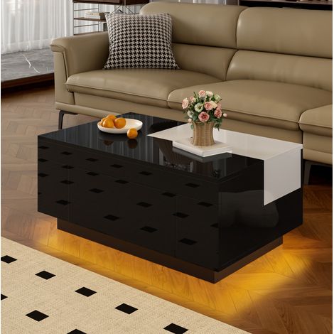 Tavolino 80x50x35,5 cm nero e bianco, piano estensibile LED, contenitore MDF, MEUBLIV (1/5)