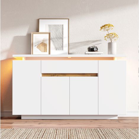 Credenza 140 x 40 x 80 cm bianca in truciolato con LED e vano contenitore - CHICFURN (1/5)