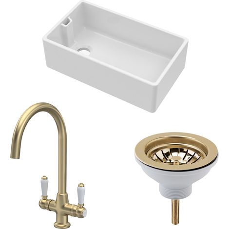 Fireclay Kitchen Bundle - 795mm 1 Bowl Belfast Sink with Strainer Waste & Mono Lever Tap, Brushed Brass (1/5)