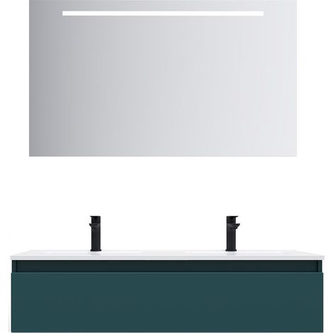 Meuble de salle de bain suspendu 2 vasques à poser 120cm 1 tiroir Bleu + miroir - Hudson (1/5)