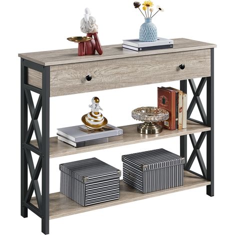Yaheetech – Table console en verre trempé avec étagères – Cadre métal doré – Dimensions 106x35x75 cm – Design industriel pour salon et chambre (1/5)