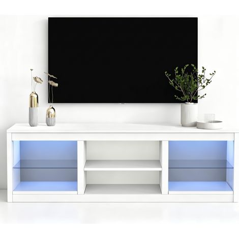 Parrot Uncle TV-Lowboard für Fernseher bis 75 Zoll, 168 x 41 x 56 cm, Weiß, MDF, mit 6 offenen Fächern, RGB-LED-Beleuchtung und 54 kg Tragkraft, modernes TV-Möbel mit Stauraum (1/5)