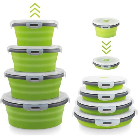 Lot de 4 bols pliables en silicone avec couvercles, pour le stockage et l'organisation des camping-cars, accessoires de cuisine sans BPA, passent au micro-ondes, au lave-vaisselle, Vert (1/5)