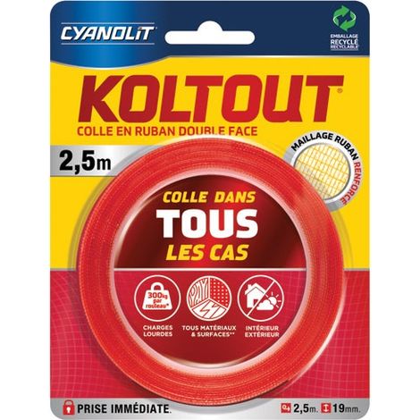 Ruban adhésif double face transparent 2,5 m x 19 mm – Résistance jusqu'à 300 kg – Prise immédiate sur surfaces lisses et rugueuses (1/7)