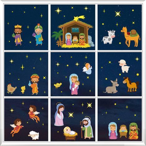 Décorations de Noël pour fenêtres, thème de la Nativité, avec scène sainte, anges, rois mages et animaux – Stickers statiques pour vitres, décorations religieuses de Noël, fournitures pour la maison,