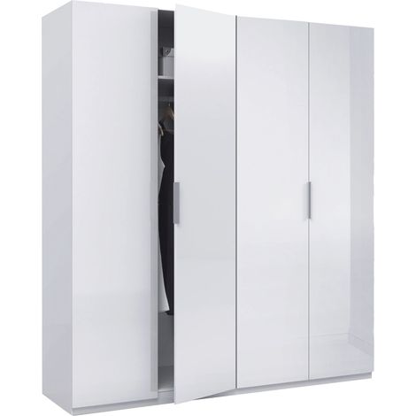 Guardaroba grande Knoxville, Armadio per camera da letto a 4 ante battenti, Mobile con 2 ripiani e barra appendiabiti, 180x52h200 cm, Bianco lucido (1/5)