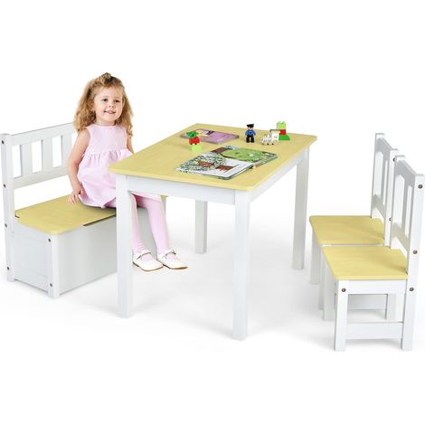 GOPLUS Set da Tavolo e Sedie per Bambini 4 Pezzi, Set di Tavolo di Attività per Bambini 2 in 1 in Legno con 2 Sedie e 1 Panca per Riporre Gli Oggetti, Mobili Multifunzionali per Giocare (Naturale)