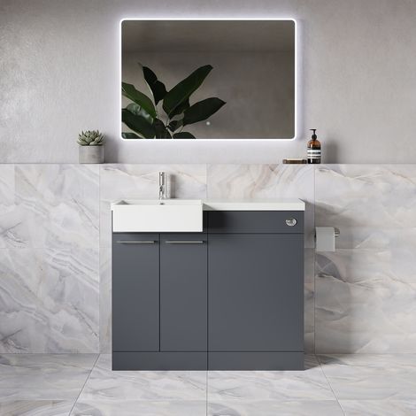 Napoli 250 Gloss Grey 1000mm 2 Door Vanity Unit Toilet Suite with Left Hand Square Rico Semi Recessed Basin - 1000mm - Chrome 160mm HandleWithout Kingston Toilet Pan