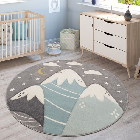 Paco Home Tapis Enfant Tapis Chambre Enfant Fille Garcon Montagne Etoile Nuage Gris Bleu 200 cm rond (1/5)