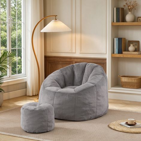 Canapé-Pouf Ensemble fauteuil + repose-pieds – Siège forme fleur imitation lapin garnissage mousse 30D – Repos familial pour salon, chambre, lecture et sieste – 105 × 70 cm – Gris (1/5)