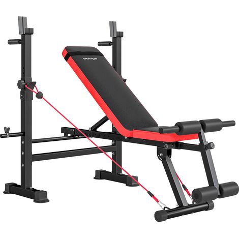 Banc de musculation avec support à poids, dossier et assise réglables, station de dips, capacité 420 kg (1/5)