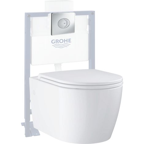 Pack WC suspendu sans bride GROHE Start Round Ceramic  + Bati support hauteur réduite universel mur-sol + Plaque carré chromé