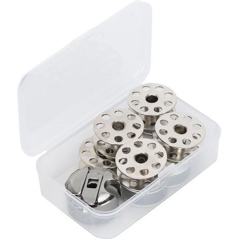 Lot de 10 bobines métalliques, étui à canette, pied de marche, accessoires pour machine à coudre industrielle. (1/5)