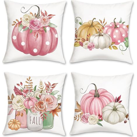 Housses de coussin décoratives automnales à motif citrouilles roses et fleurs, pour canapé, lit, maison ou terrasse, lot de 4, 45 x 45 cm (1/4)