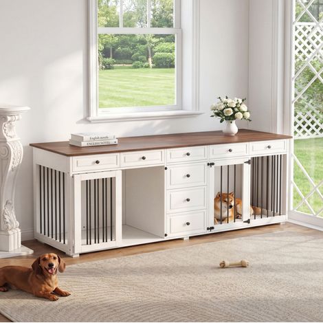 Jaula mueble para 2 perros con 8 cajones de madera y metal 200x60x85 cm OKWISH (1/5)