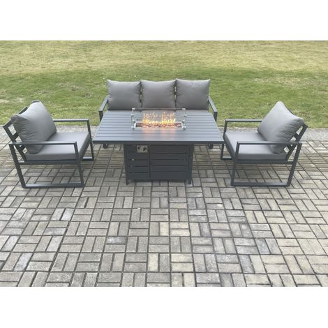 Fimous Aluminium Outdoor Garden Furniture Set Gas Fire Pit Dining Table Set Gas Heater Burner with 2 Arm Chair Dark Grey 5 Seater (1/5)