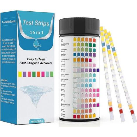 16-en-1 Bandelettes de Test d'Eau (100 unités) – Analyse pH, Nitrites, Chlore, Dureté, Mercure & Plomb dans l'Eau Potable, Piscine, Aquarium (1/5)