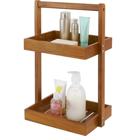Étagère de Douche D'Angle en Teck à 2 Niveaux pour Salle de Bain Comptoir de Douche Debout avec Poignée, Panier de Douche Debout pour Shampooing, pour Douche Intérieure, Bureau de Cuisine (1/5)