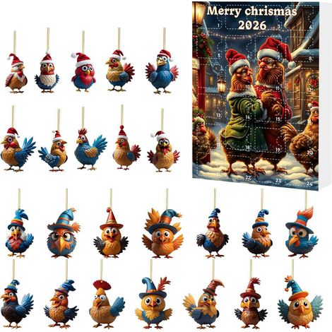 Adventskalender mit 24 Überraschungsfächern – Acryl-Anhänger in Form eines Hahns für den Weihnachtsbaum (1/5)