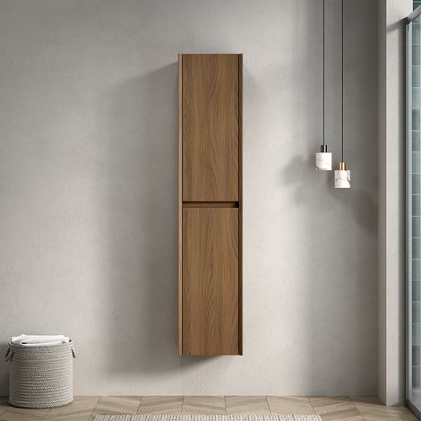 Armoire salle de bain hauteur 140 cm - Meuble rangement étroit 2 portes avec compartiments intérieurs - Chêne (1/5)
