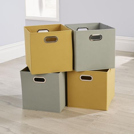 Fold Non Woven 2 Soft Grey 2 Yellow Square Utility Storage Box Fabric Cube 4pc (1/4)