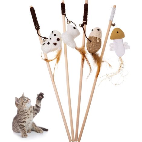 Lot de 4 jouets pour chat - Plume - Interactif - Jouet pour chat - Avec souris - Poisson - Oiseau - Peluche pour chat (1/5)