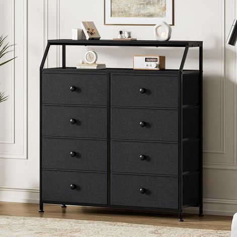 Commode 8 tiroirs noire avec étagères, meuble de rangement tissu et bois (1/5)