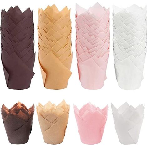 200 Pièces Tasses de Cuisson de Tulipe, Moules à Muffins en Papier, Muffin Papier, Coupes de Muffin, pour Cuisson de Cupcakes dans Cuisine, Fête et Magasin, 4 Couleurs,Parent,- (1/5)