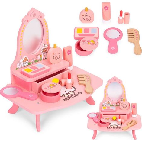 Coiffeuse en bois pour enfants avec miroir et accessoires (1/5)
