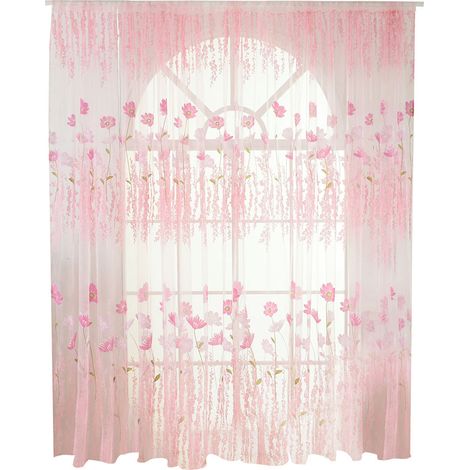 Voilage Tulle Fleuri Polyester pour Chambre Salon Rose - Décoration Fenêtre (1/5)
