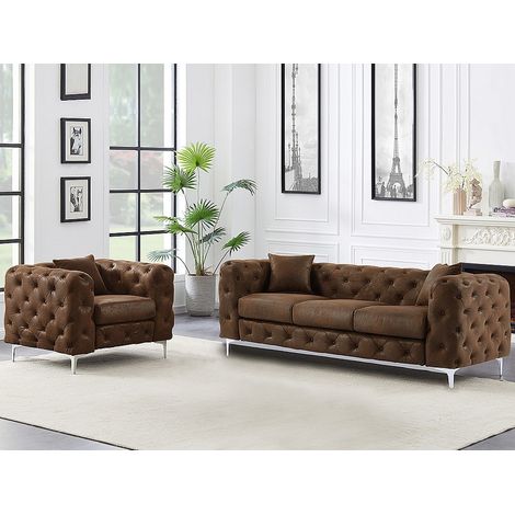 Divano 3 posti e poltrona chesterfield in Microfibra aspetto Pelle invecchiata - EDWINA