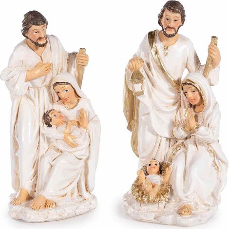 Statuine da Presepe con Sacra Famiglia realizzata in resina colorata con dettagli dorati, da appoggiare, set da 6 pezzi, cm 3,5 x 3,5 x 7,5 H