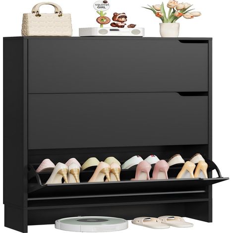 Freestanding Slim Shoe Storage Cupboard, Wooden Shoe Cabinet with 3 Flip Doors and Adjustable Shelves for Hallway Entryway, Stores 18-24 Pairs Shoes