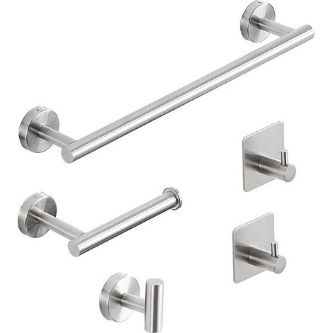 Confezione da 5 portasciugamani da bagno, portasciugamani, porta carta igienica, anello portasciugamani, gancio per asciugamani in acciaio inox, senza foratura, autoadesivo per cucina (arg
