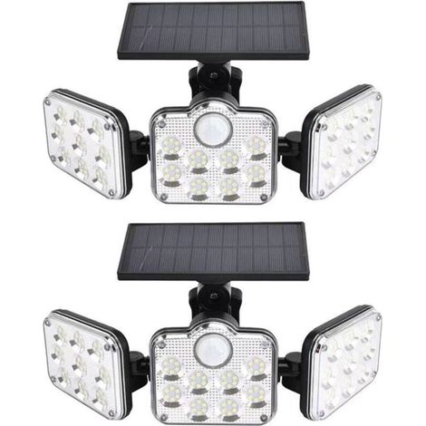 Lot de 2 projecteurs solaires extérieurs 138 LED 2200 lm avec télécommande, étanche IP65, 3 têtes réglables, grand angle 270°, lumière de sécurité sans fil pour garage, terrasse, porche, jardin