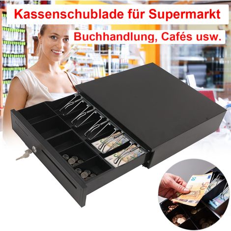 Trintion Kassenlade Elektrisch Kassenschublade mit 5 Münzfächer 5 Scheinfächer Geldlade Elektrische und Manuelle Öffnung Geldschublade Geldbox Banknotenfächern Schwarz (1/5)