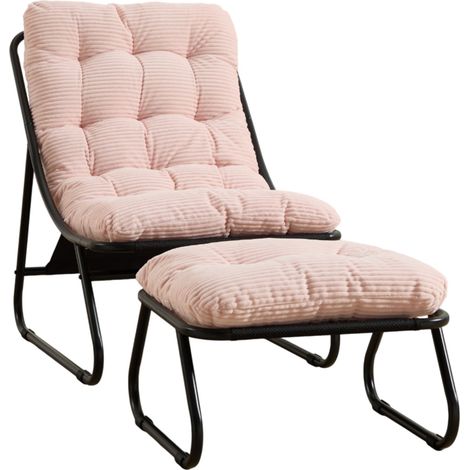 Fauteuil Lounge d'extérieur avec ottomane, structure acier noire et coussin rose (1/5)