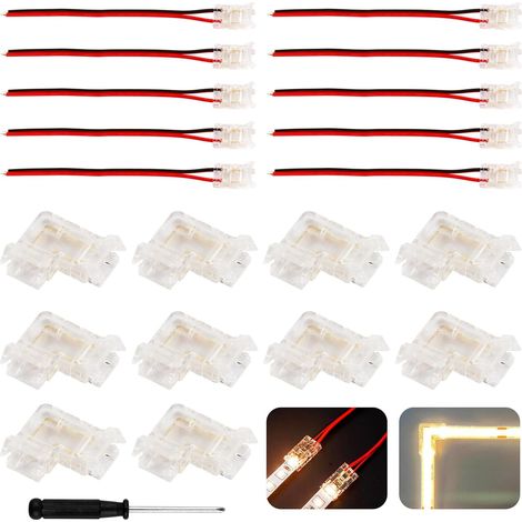 20 Pcs Connecteur Ruban LED COB 2 Pin pour 8mm, Connectique Ruban LED 2 Broches, 10 Connecteurs d'Angle (1/5)