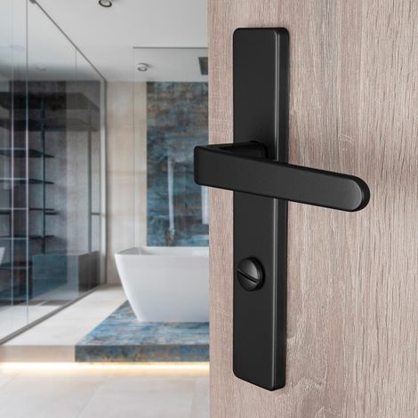 Ouvre&Déco – 2 poignées universelles DUALFIT sur plaque carrée CELIO verrou condamnation, Aluminium laqué noir mat bi-entraxe 165-195