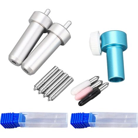 Set aus feinen Klingen für Schneidemaschinen, Sortiment an Präzisionsspitzen mit universellem Stiftadapter und Halter.
